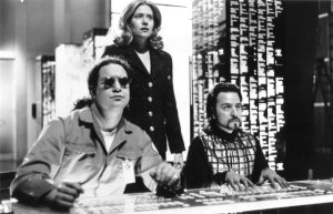 Penn Jillette, Lorraine Bracco, and Fisher Stevens in Hackers (1995)